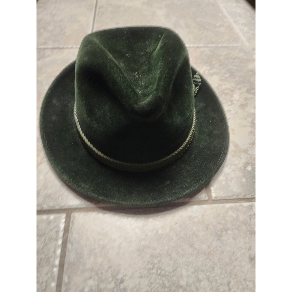 Vintage Tyrolean Fedora Hat Forest Green Velour Alpine Style Rope Trim Band - Picture 6 of 8